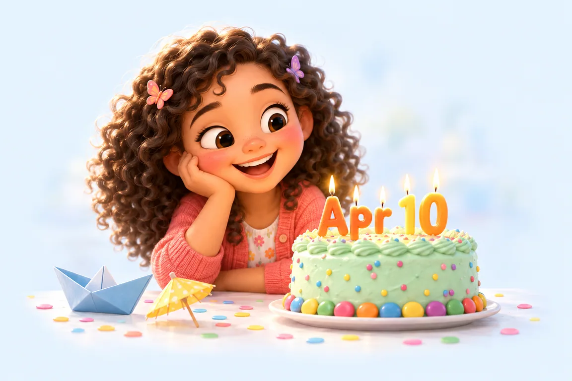 Cartoon birthday scene for April 10: a child behind a cake whose candles spell the date