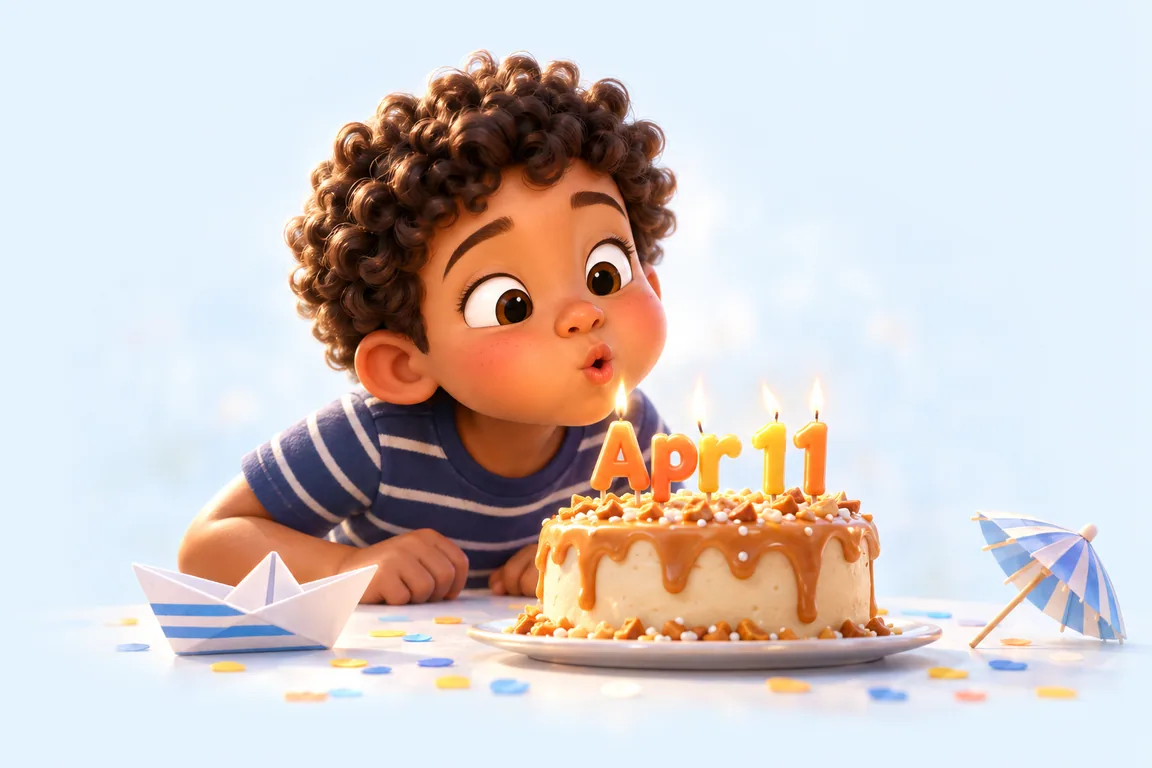 Cartoon birthday scene for April 11: a child behind a cake whose candles spell the date