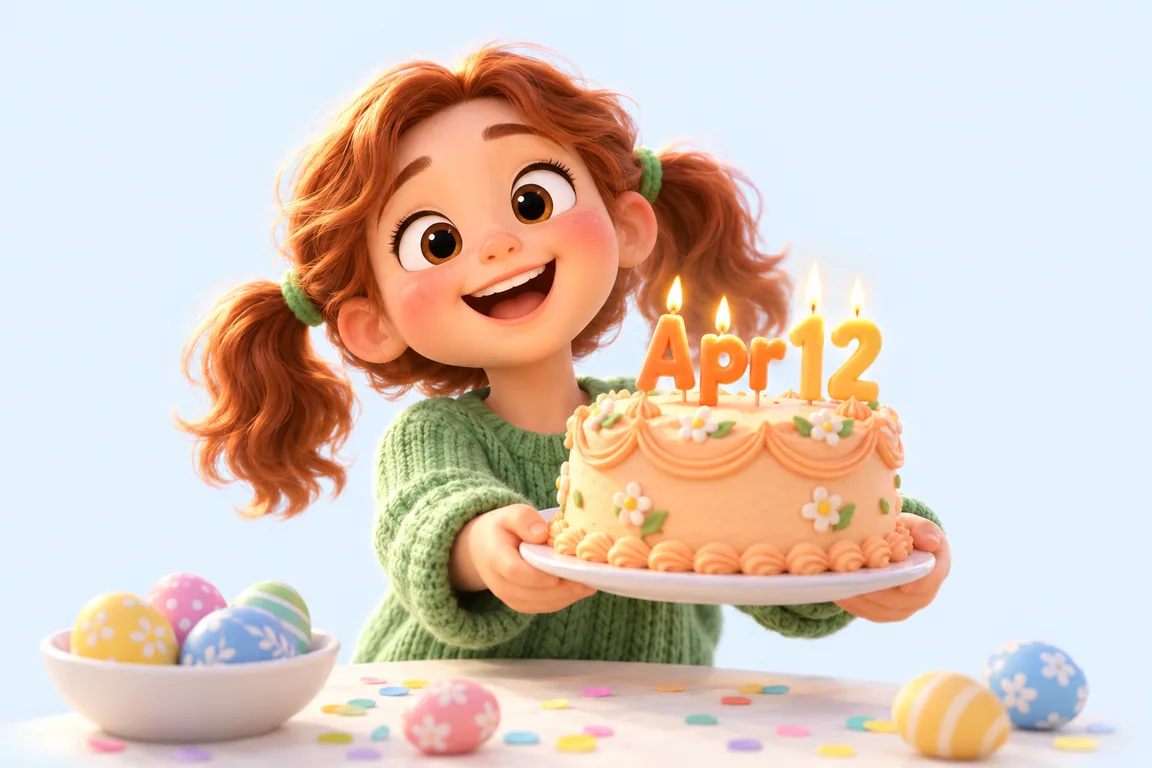 Cartoon birthday scene for April 12: a child behind a cake whose candles spell the date