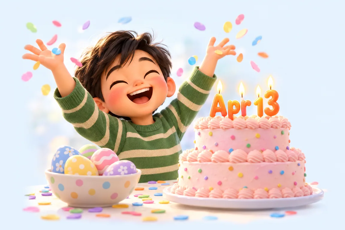 Cartoon birthday scene for April 13: a child behind a cake whose candles spell the date
