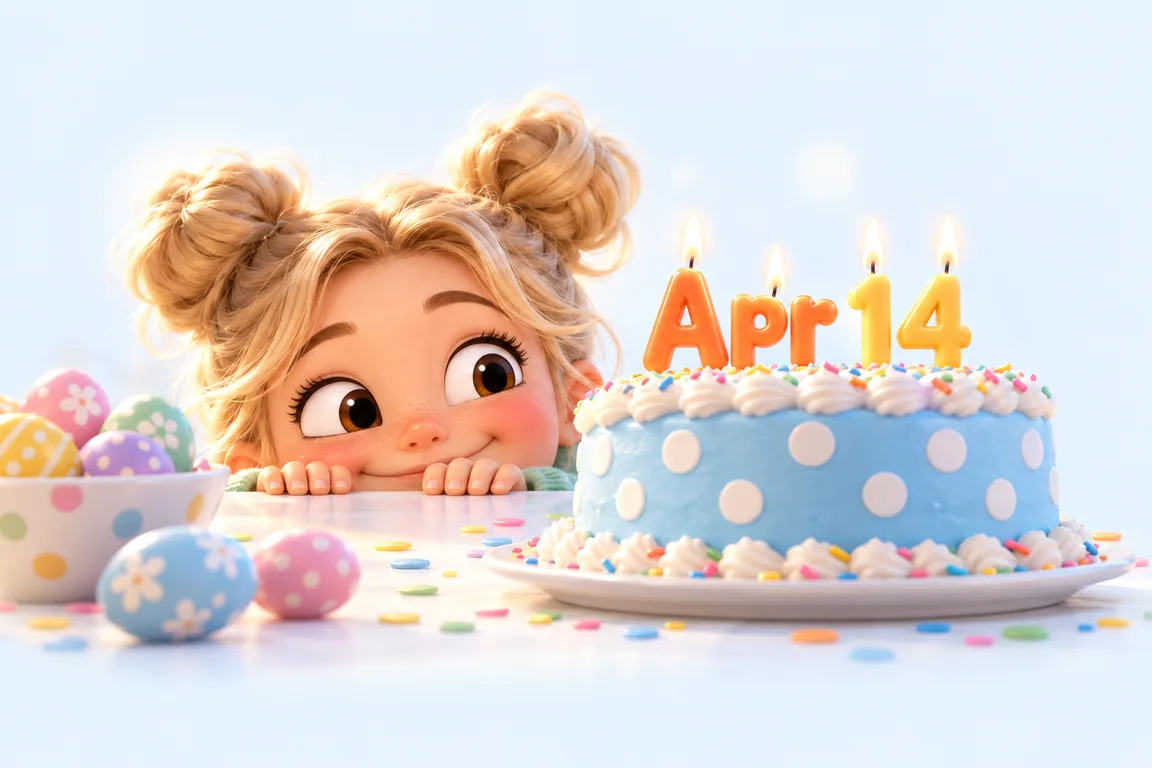 Cartoon birthday scene for April 14: a child behind a cake whose candles spell the date