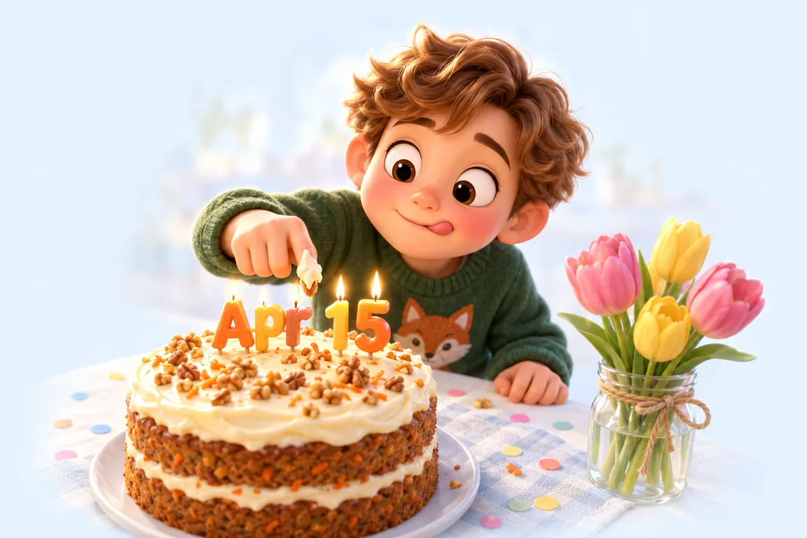 Cartoon birthday scene for April 15: a child behind a cake whose candles spell the date