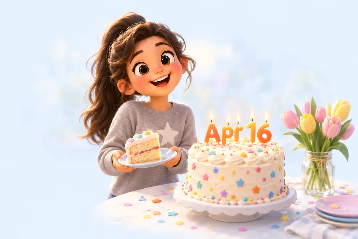 Cartoon birthday scene for April 16: a child behind a cake whose candles spell the date
