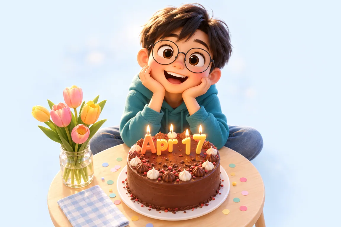 Cartoon birthday scene for April 17: a child behind a cake whose candles spell the date
