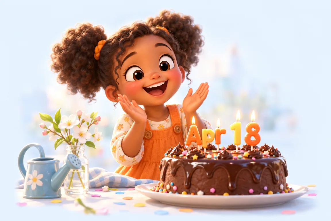 Cartoon birthday scene for April 18: a child behind a cake whose candles spell the date