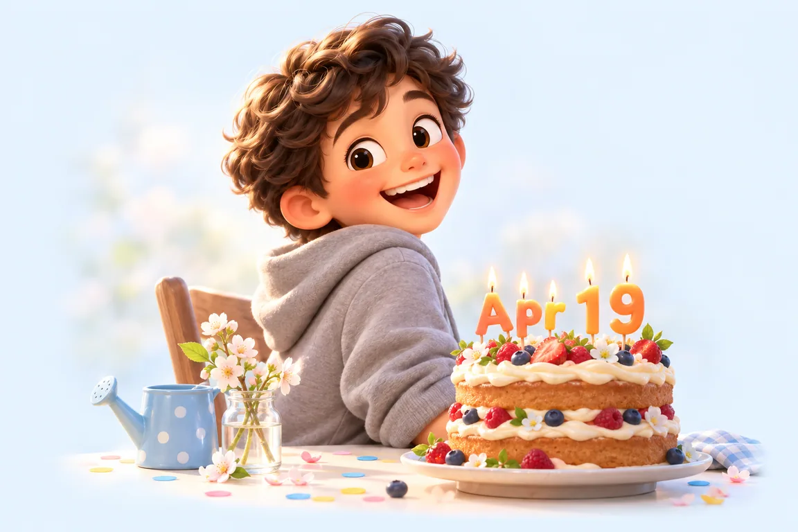 Cartoon birthday scene for April 19: a child behind a cake whose candles spell the date