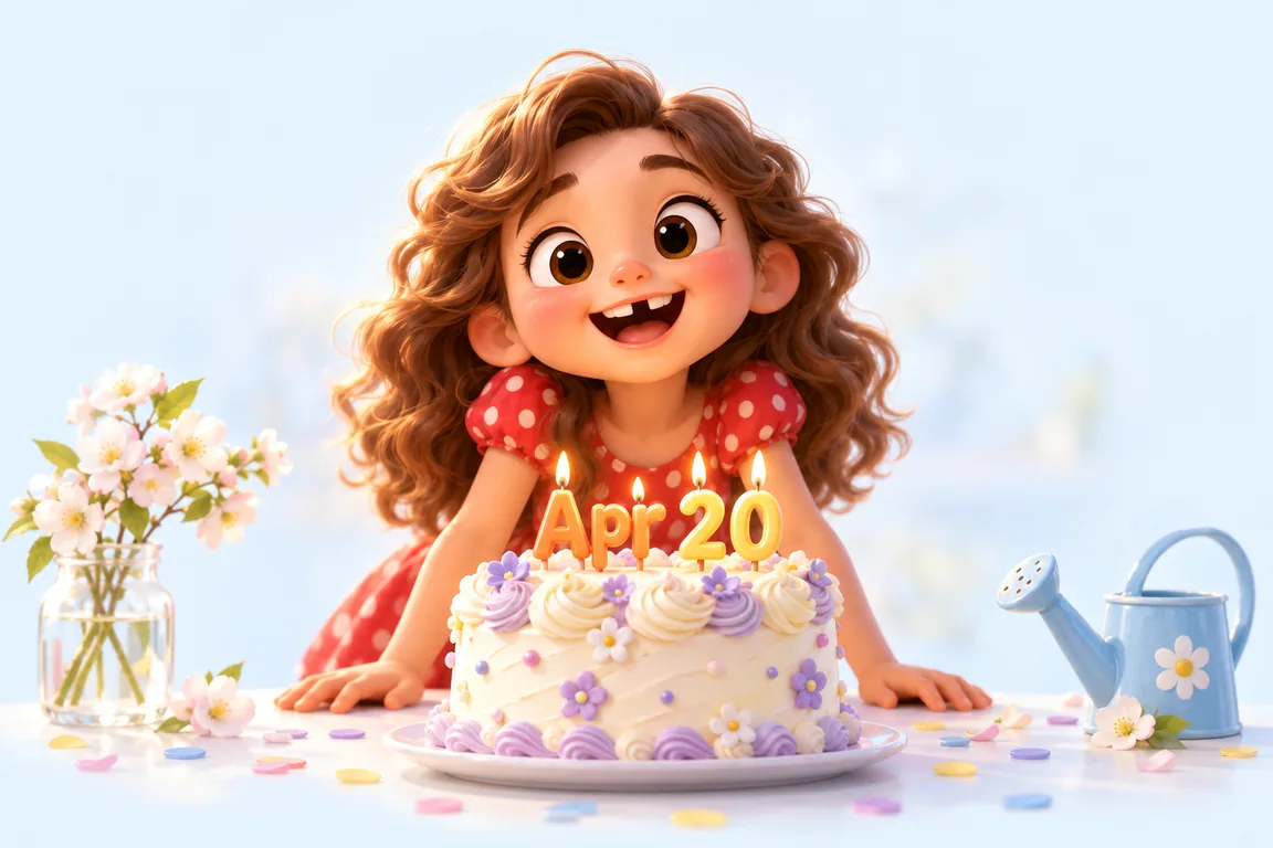 Cartoon birthday scene for April 20: a child behind a cake whose candles spell the date