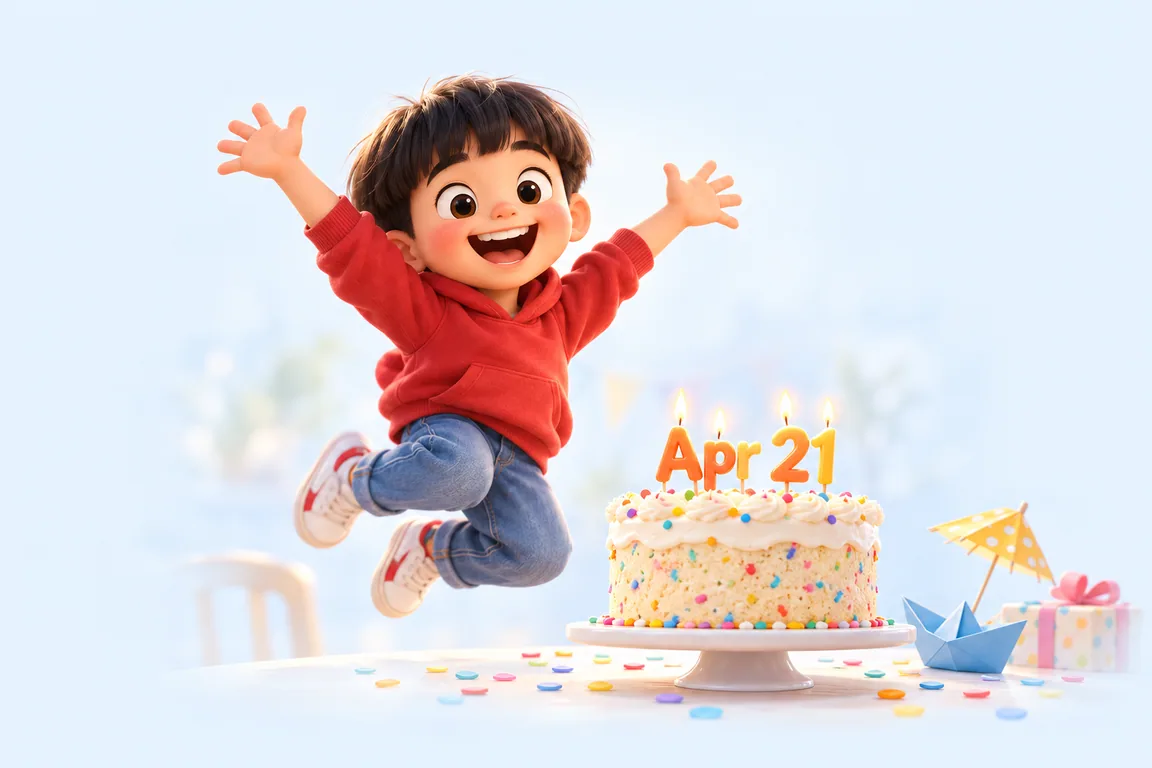 Cartoon birthday scene for April 21: a child behind a cake whose candles spell the date