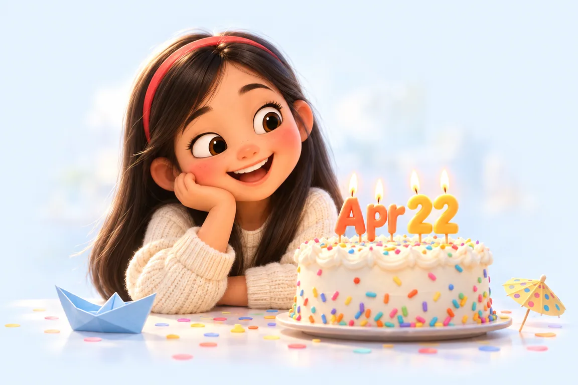 Cartoon birthday scene for April 22: a child behind a cake whose candles spell the date