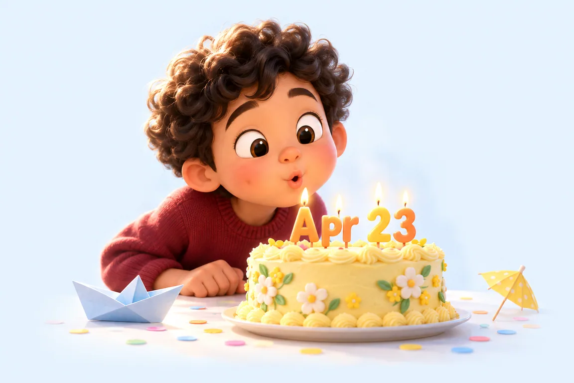 Cartoon birthday scene for April 23: a child behind a cake whose candles spell the date