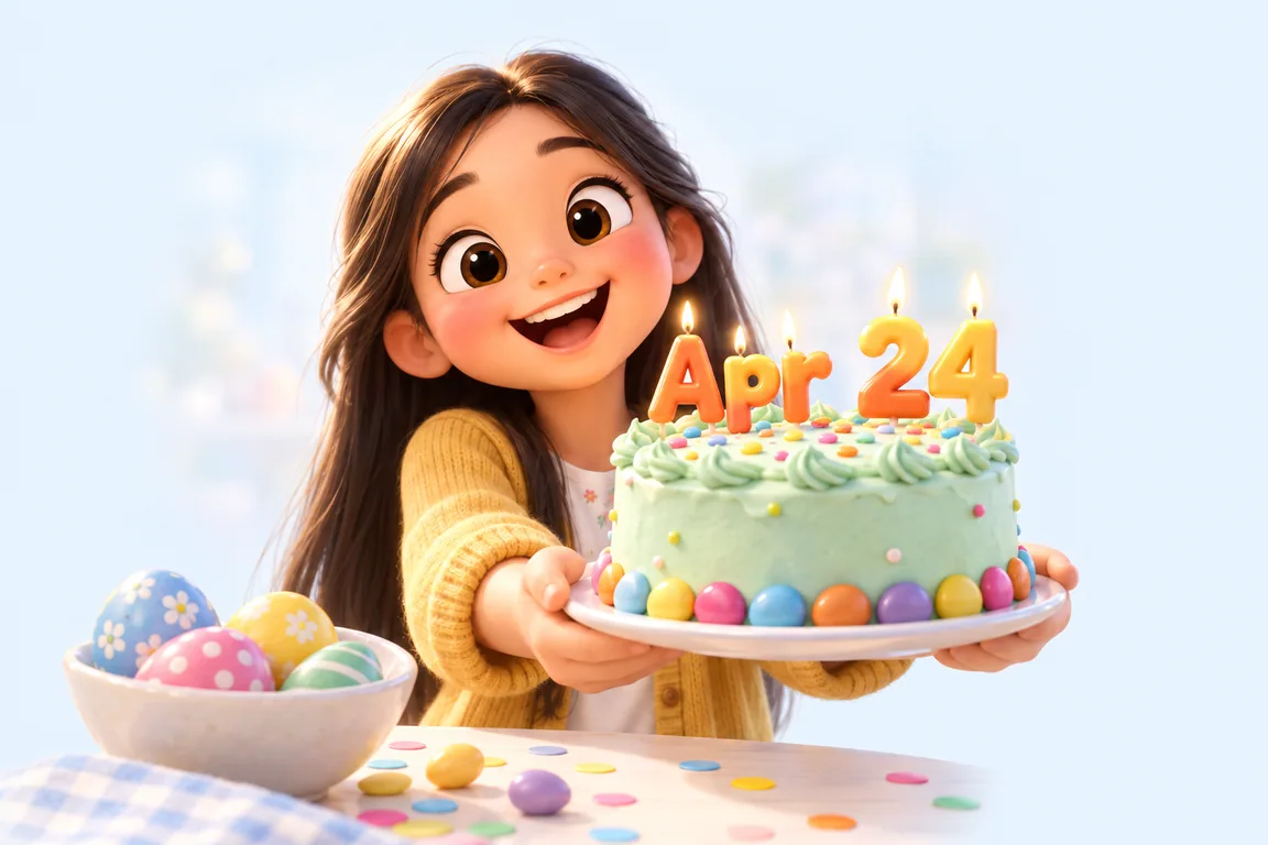 Cartoon birthday scene for April 24: a child behind a cake whose candles spell the date