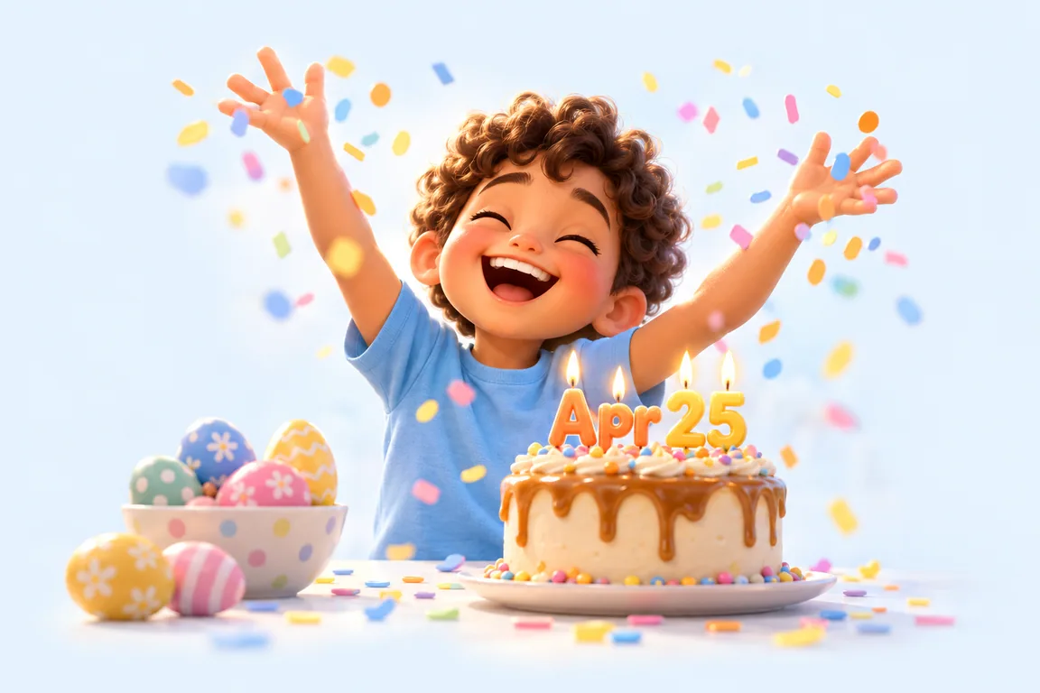 Cartoon birthday scene for April 25: a child behind a cake whose candles spell the date