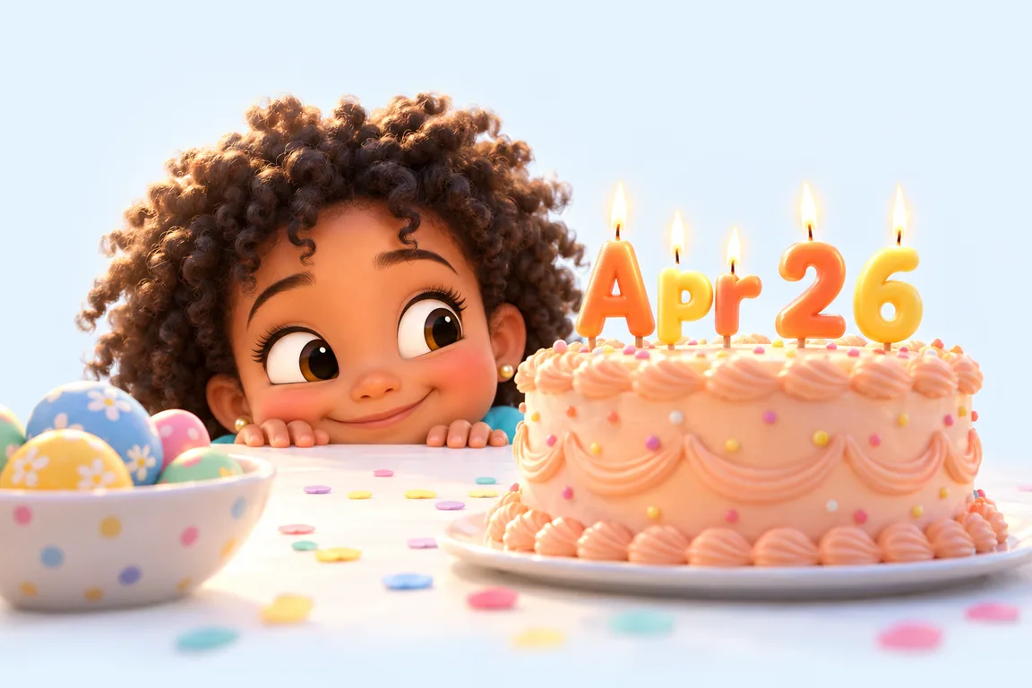Cartoon birthday scene for April 26: a child behind a cake whose candles spell the date