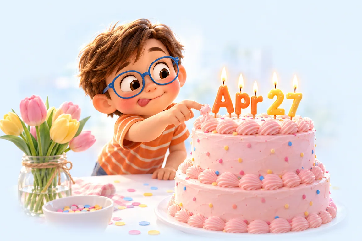 Cartoon birthday scene for April 27: a child behind a cake whose candles spell the date