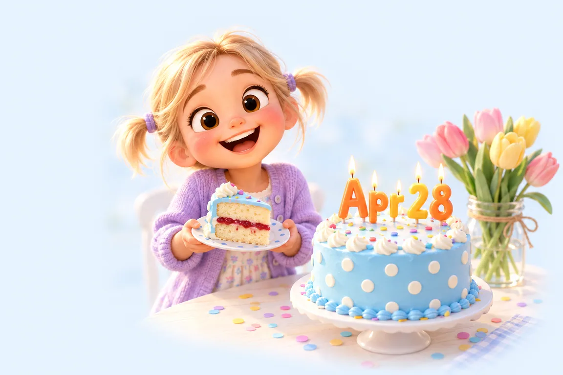 Cartoon birthday scene for April 28: a child behind a cake whose candles spell the date