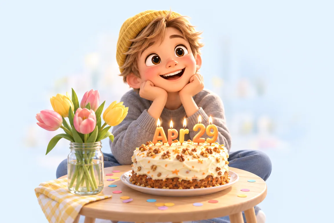 Cartoon birthday scene for April 29: a child behind a cake whose candles spell the date