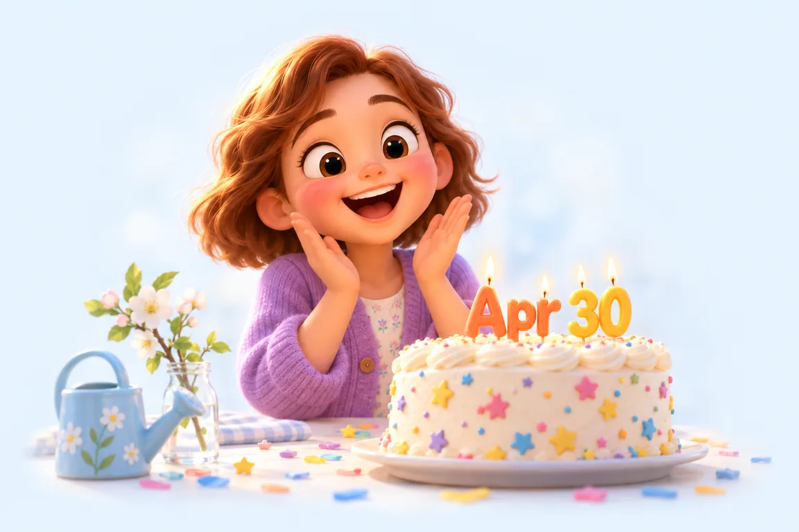 Cartoon birthday scene for April 30: a child behind a cake whose candles spell the date