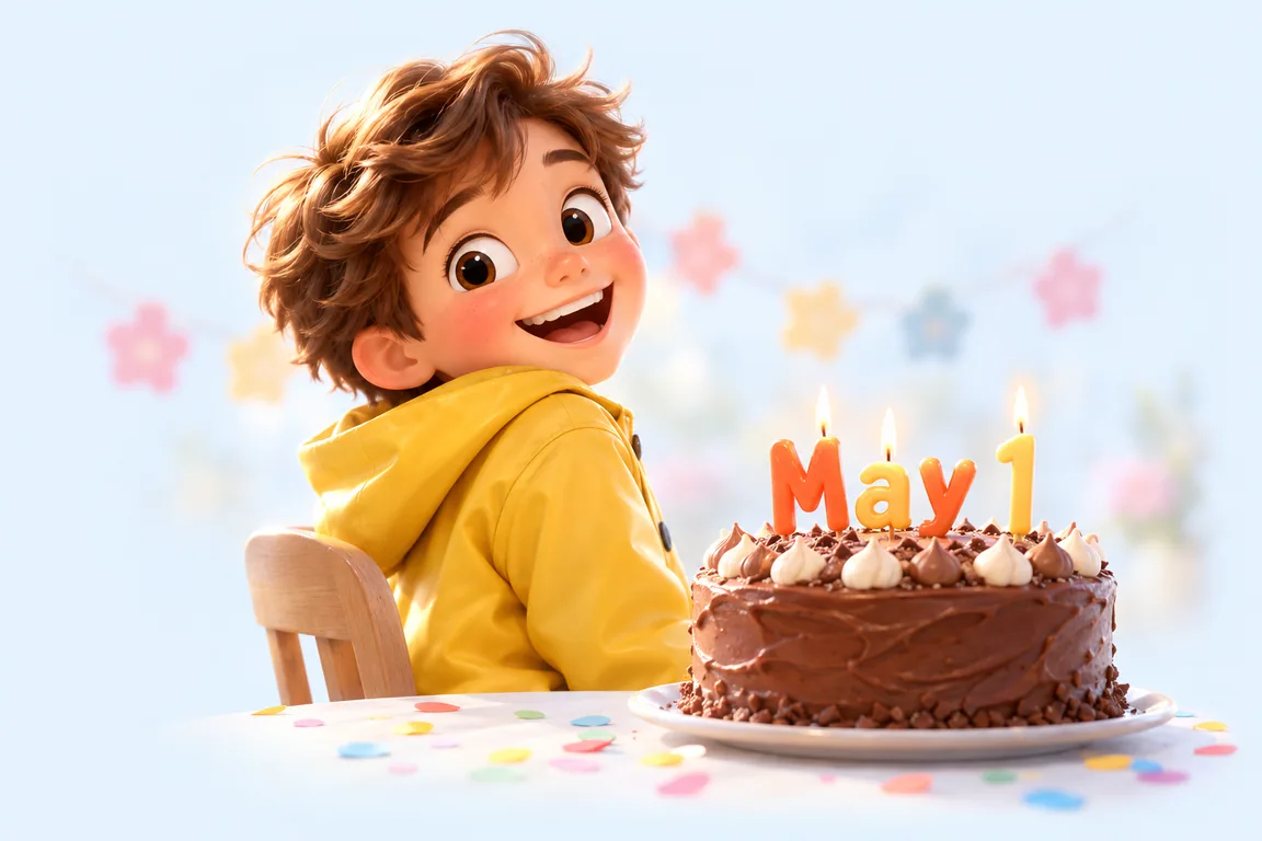 Cartoon birthday scene for May 1: a child behind a cake whose candles spell the date