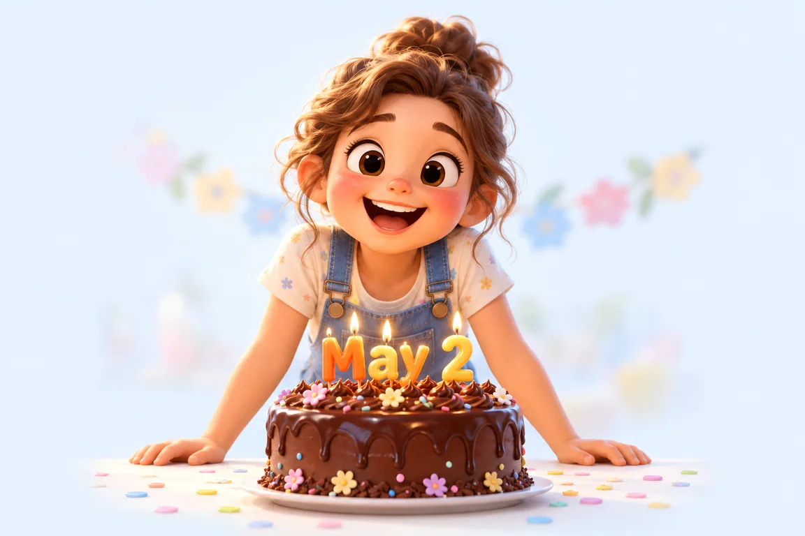 Cartoon birthday scene for May 2: a child behind a cake whose candles spell the date