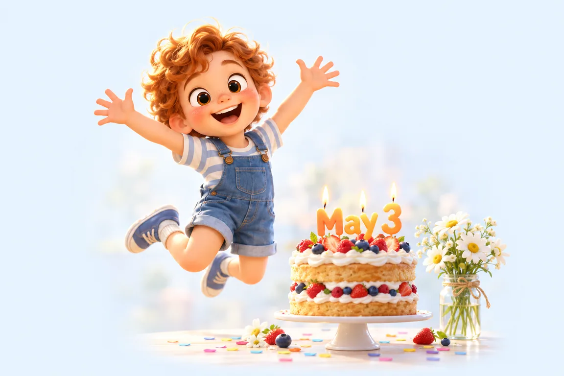 Cartoon birthday scene for May 3: a child behind a cake whose candles spell the date