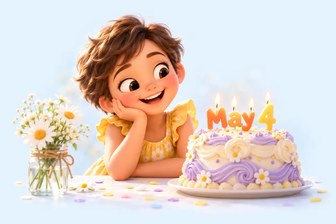 Cartoon birthday scene for May 4: a child behind a cake whose candles spell the date