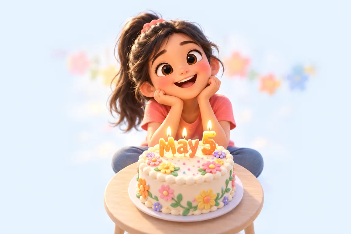 Cartoon birthday scene for May 5: a child behind a cake whose candles spell the date