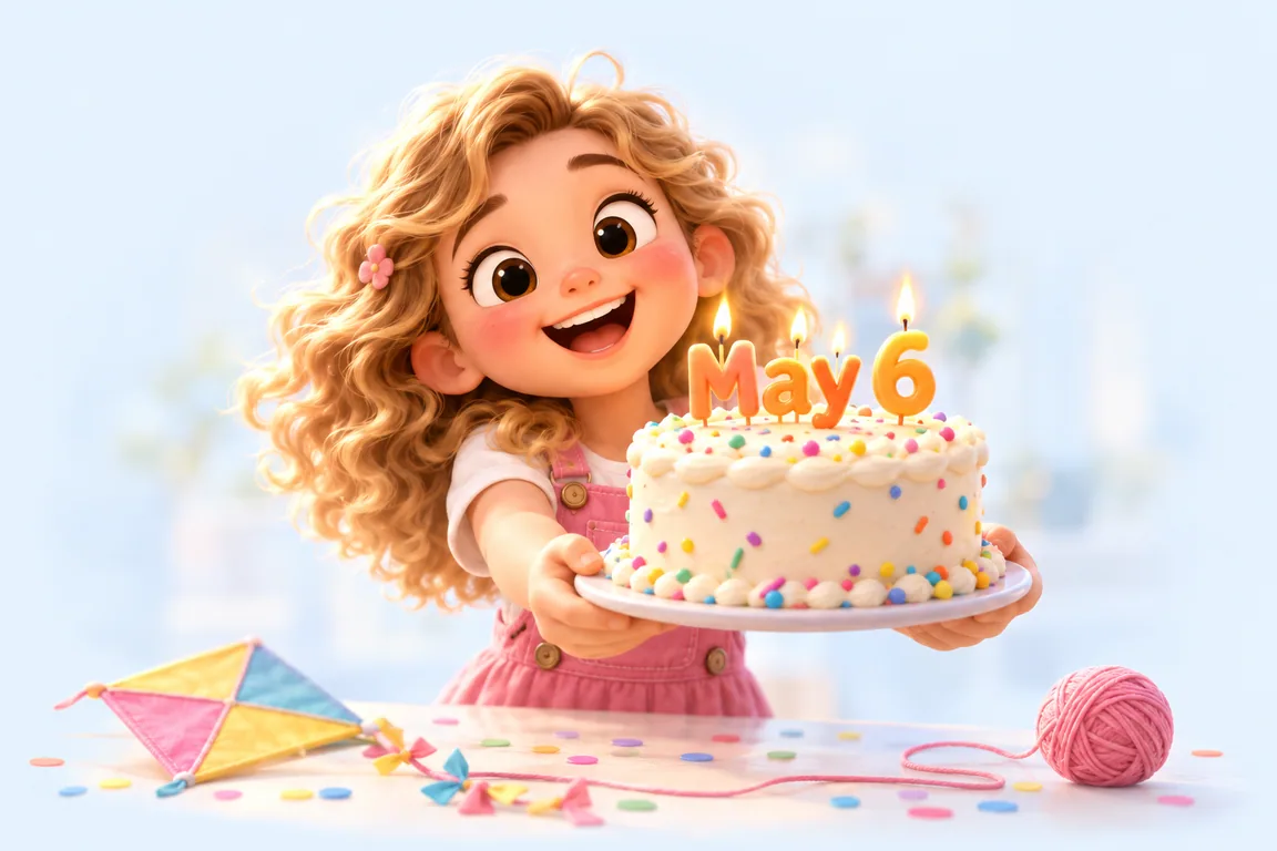 Cartoon birthday scene for May 6: a child behind a cake whose candles spell the date