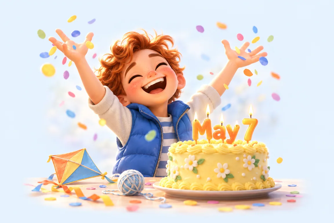 Cartoon birthday scene for May 7: a child behind a cake whose candles spell the date