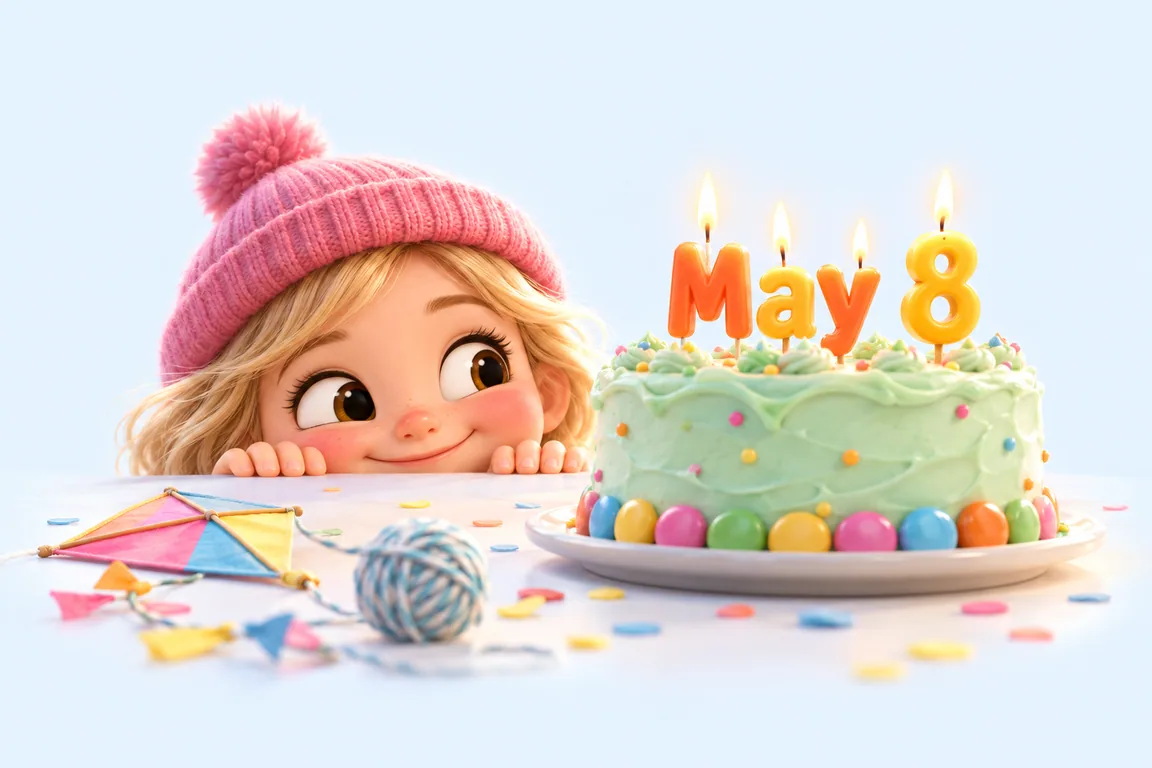 Cartoon birthday scene for May 8: a child behind a cake whose candles spell the date