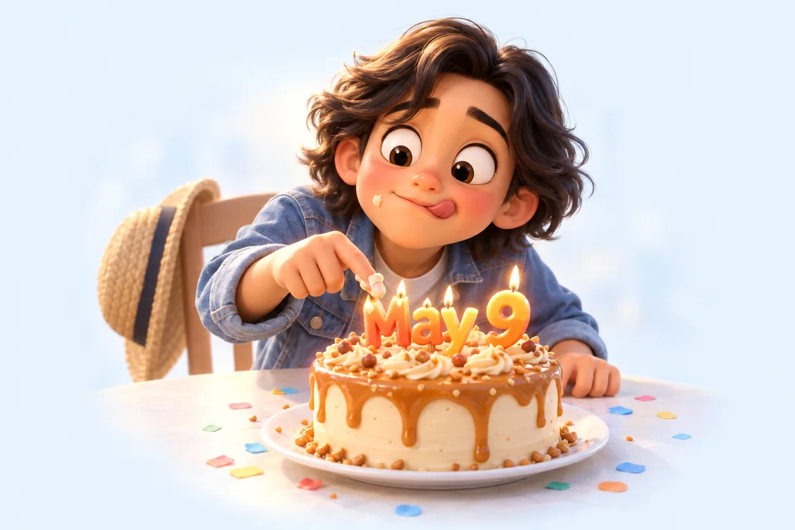 Cartoon birthday scene for May 9: a child behind a cake whose candles spell the date
