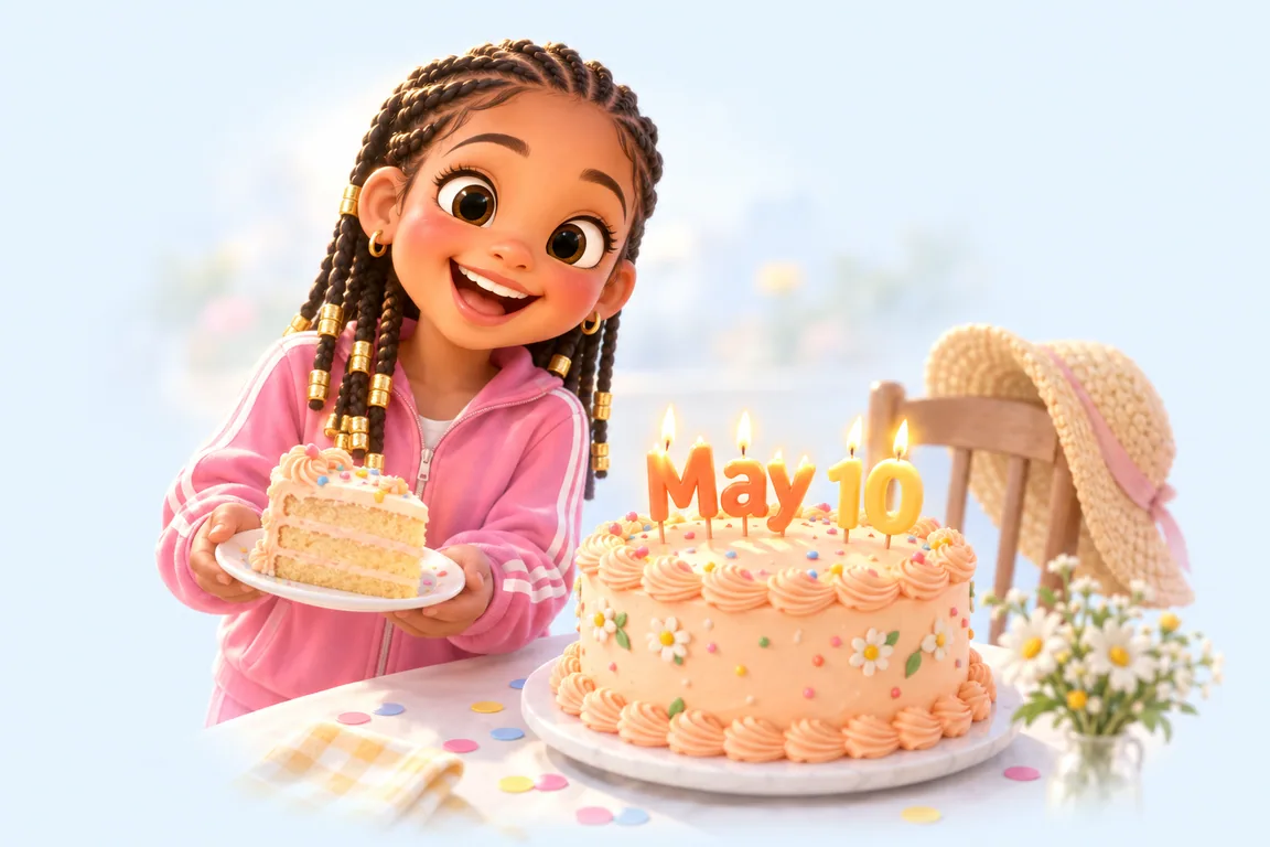 Cartoon birthday scene for May 10: a child behind a cake whose candles spell the date