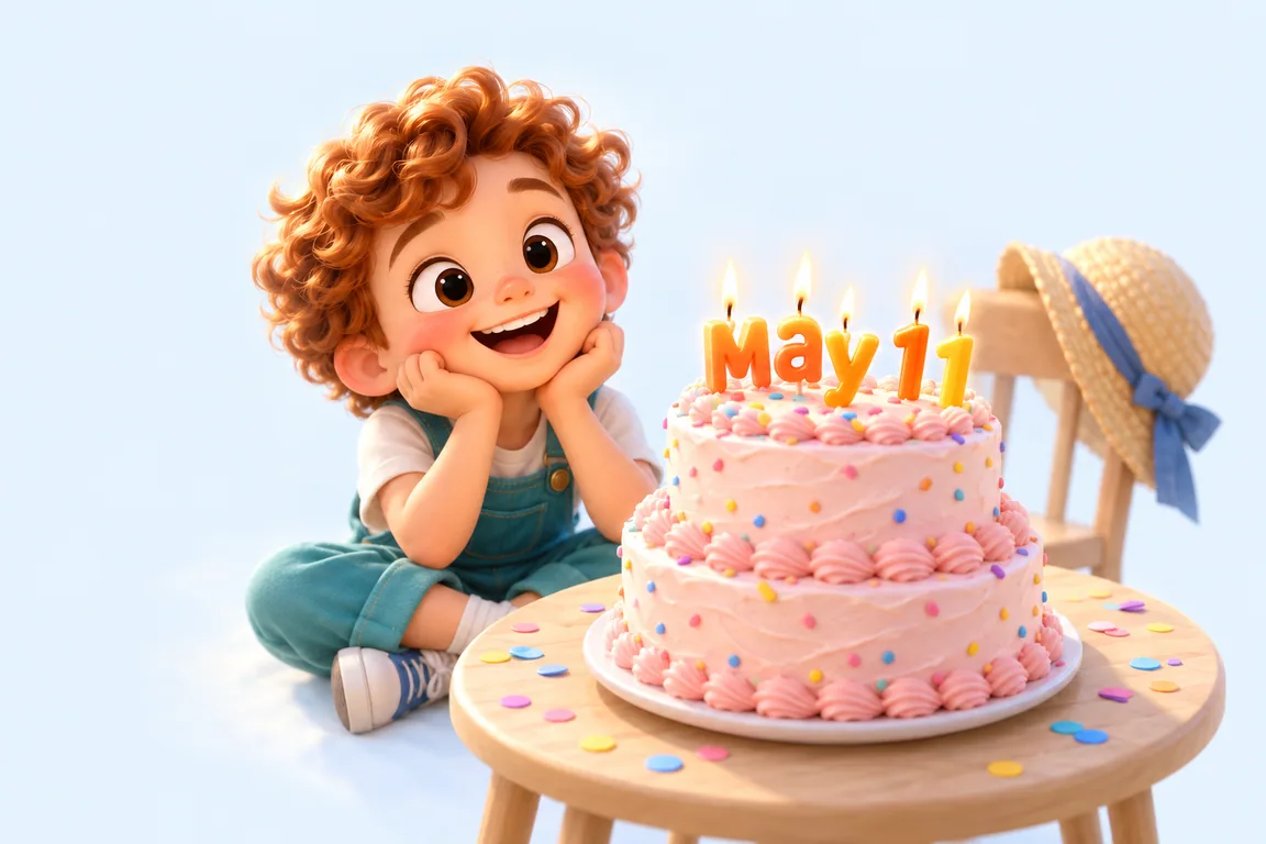 Cartoon birthday scene for May 11: a child behind a cake whose candles spell the date