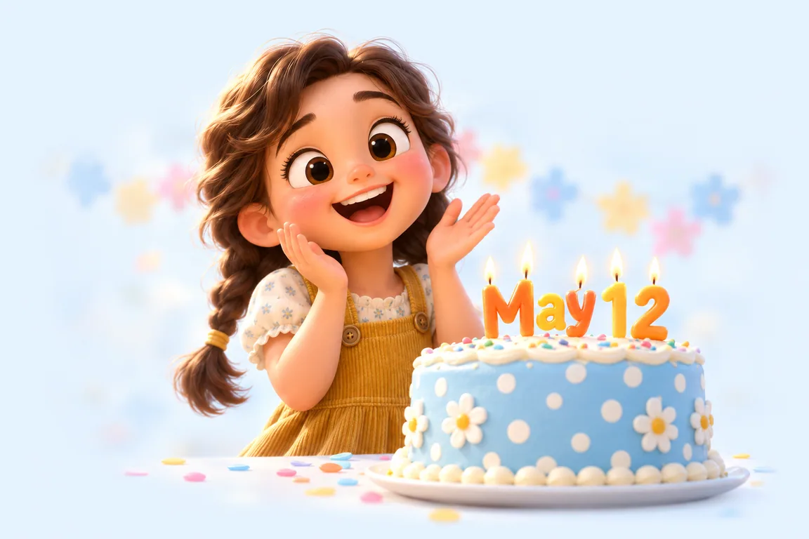 Cartoon birthday scene for May 12: a child behind a cake whose candles spell the date