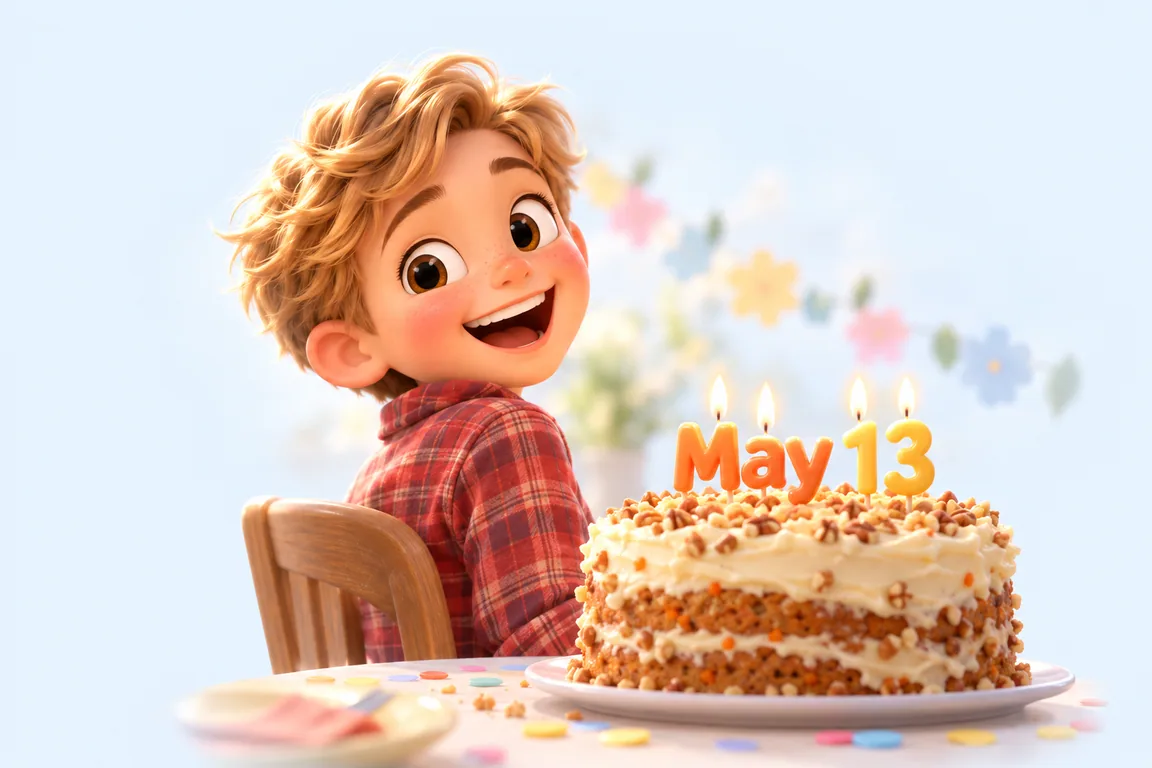 Cartoon birthday scene for May 13: a child behind a cake whose candles spell the date