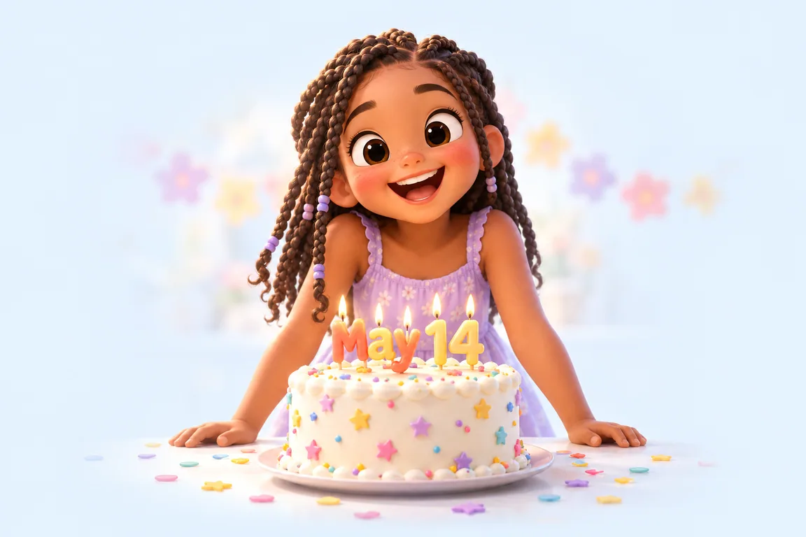 Cartoon birthday scene for May 14: a child behind a cake whose candles spell the date