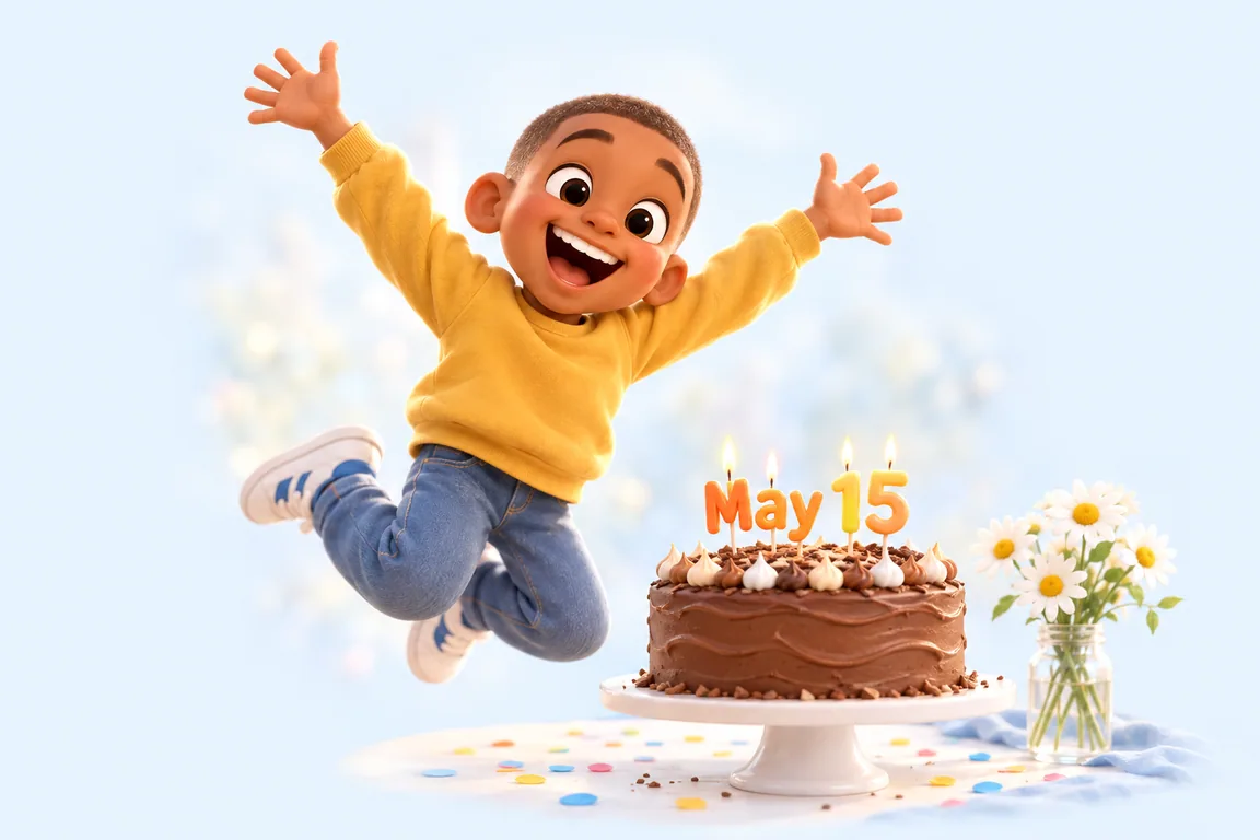 Cartoon birthday scene for May 15: a child behind a cake whose candles spell the date
