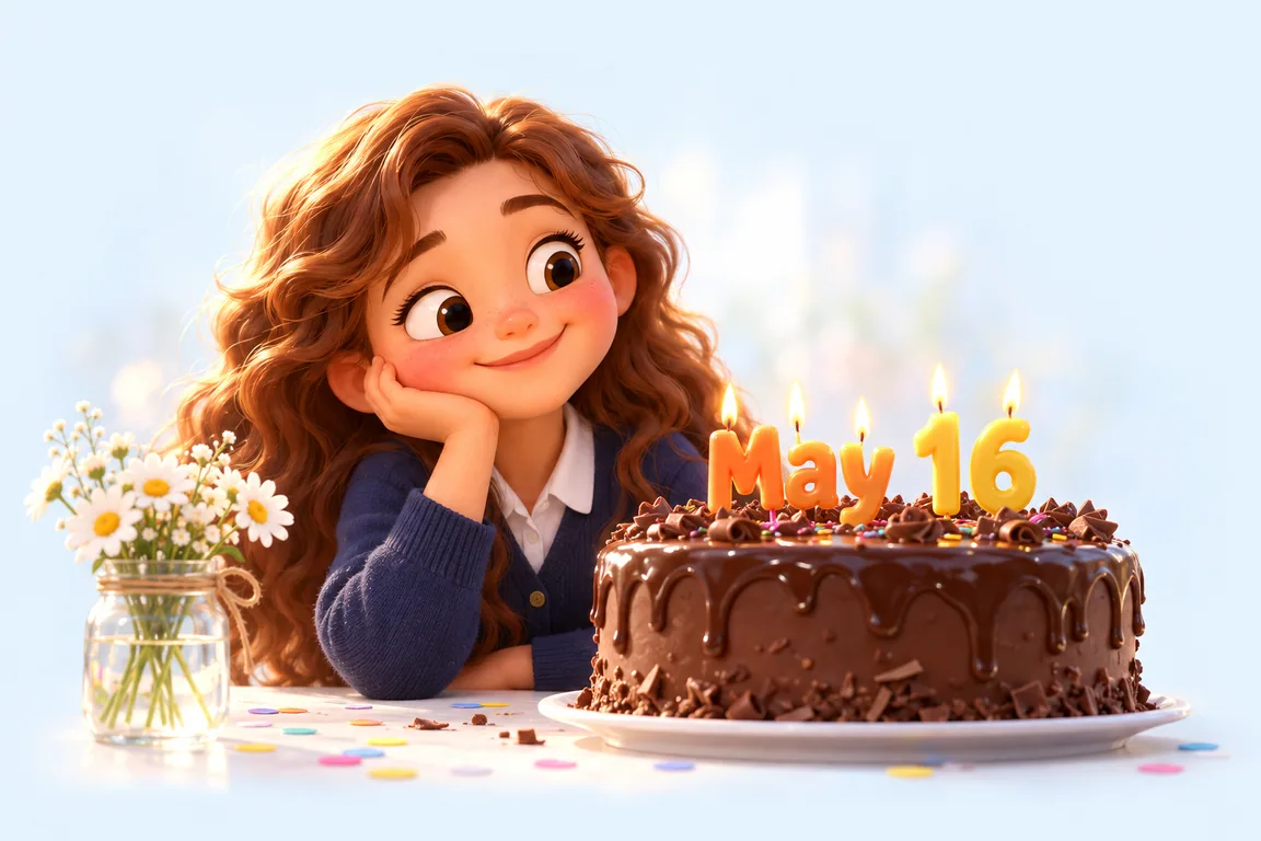 Cartoon birthday scene for May 16: a child behind a cake whose candles spell the date