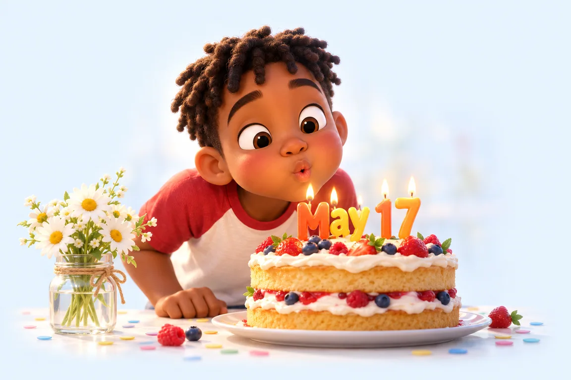 Cartoon birthday scene for May 17: a child behind a cake whose candles spell the date