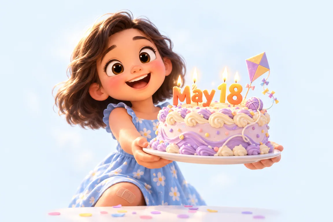 Cartoon birthday scene for May 18: a child behind a cake whose candles spell the date