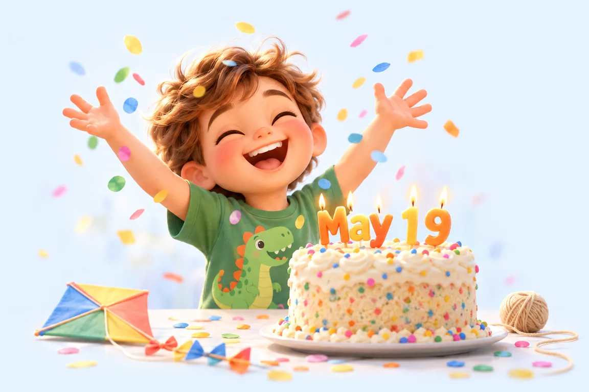 Cartoon birthday scene for May 19: a child behind a cake whose candles spell the date