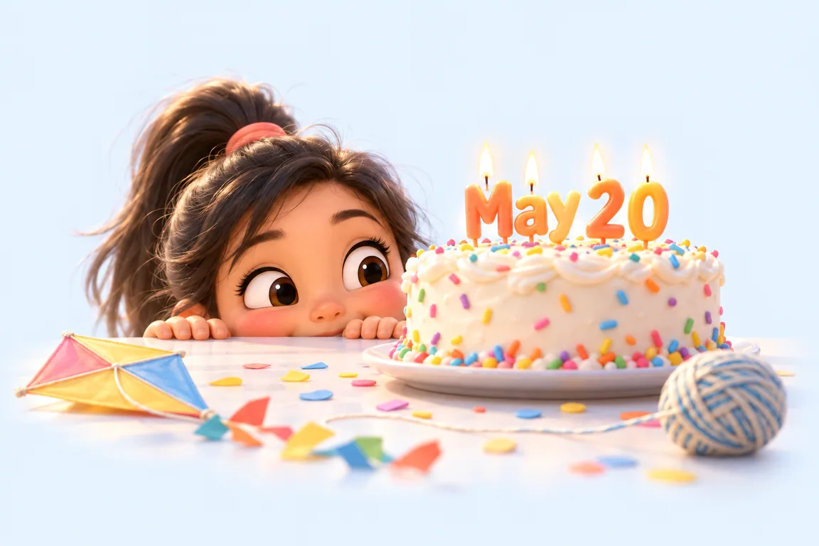 Cartoon birthday scene for May 20: a child behind a cake whose candles spell the date