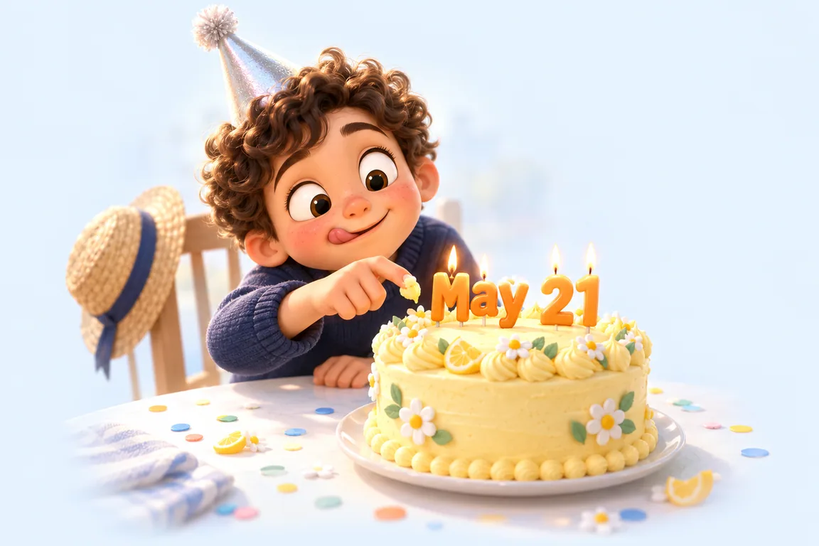 Cartoon birthday scene for May 21: a child behind a cake whose candles spell the date