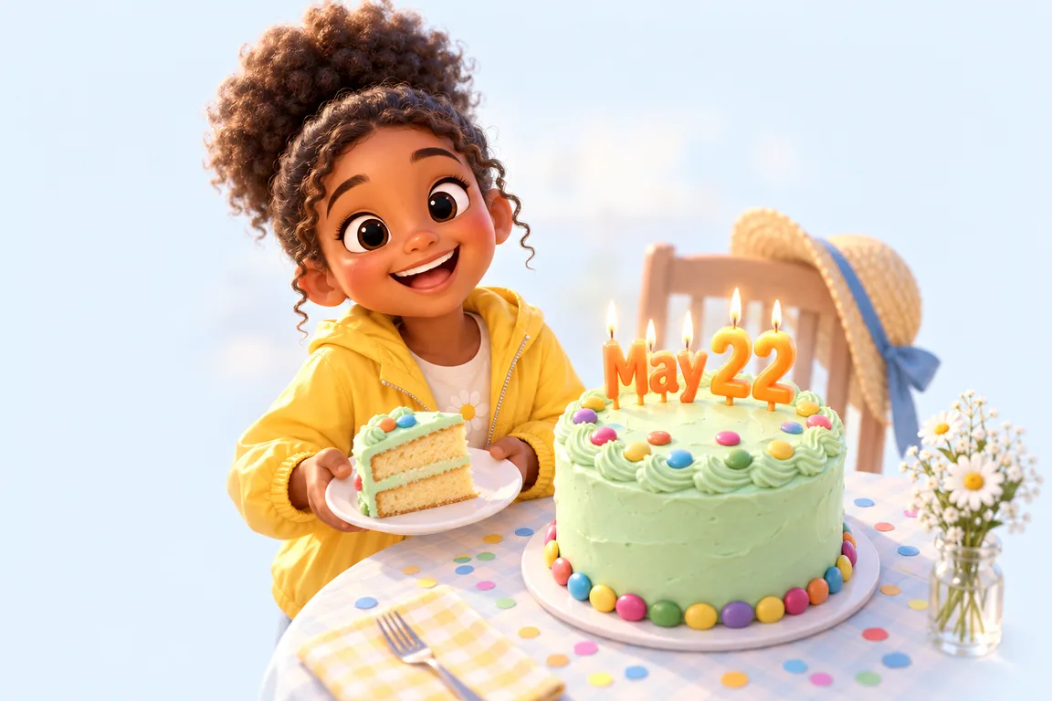 Cartoon birthday scene for May 22: a child behind a cake whose candles spell the date