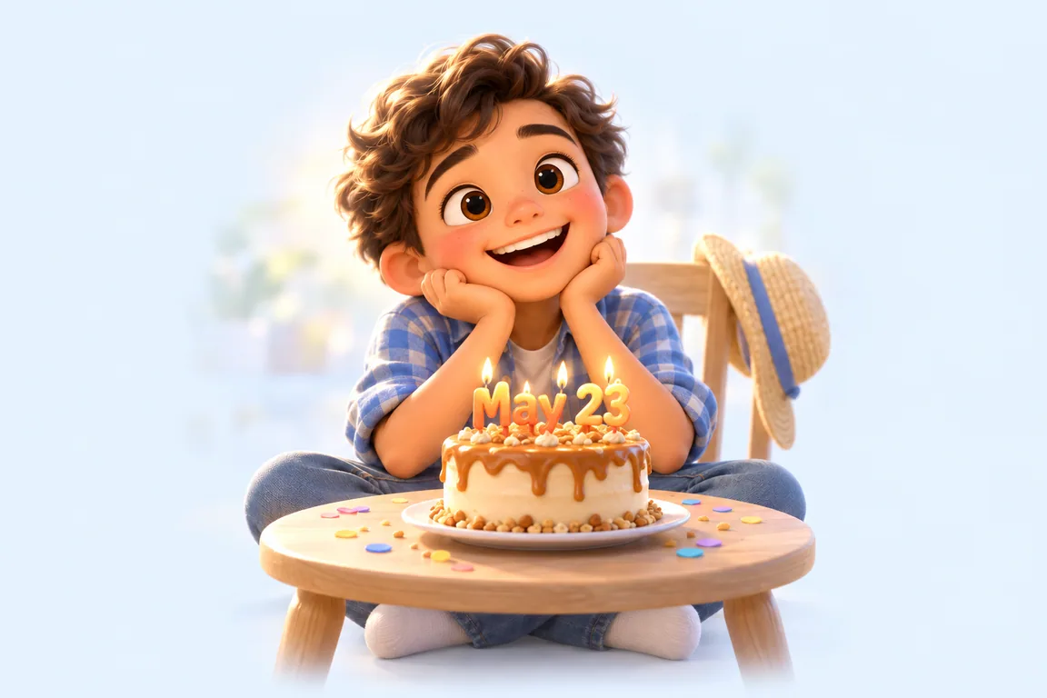 Cartoon birthday scene for May 23: a child behind a cake whose candles spell the date