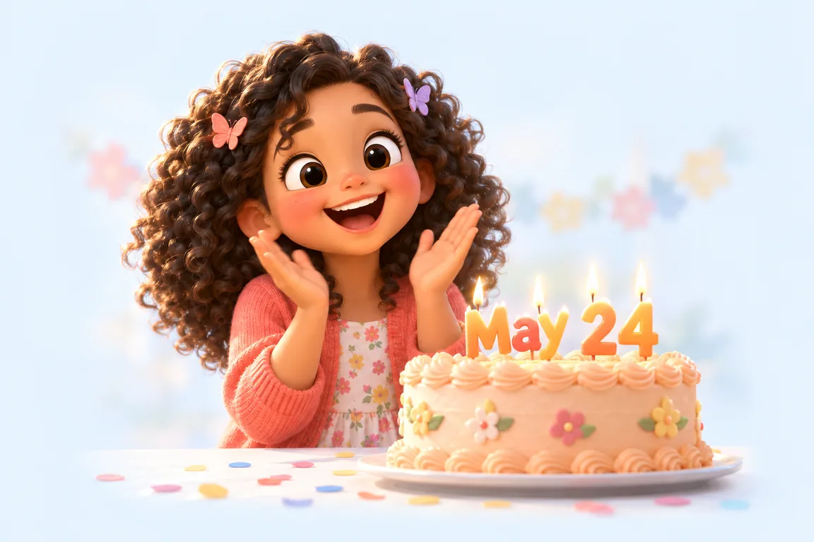 Cartoon birthday scene for May 24: a child behind a cake whose candles spell the date