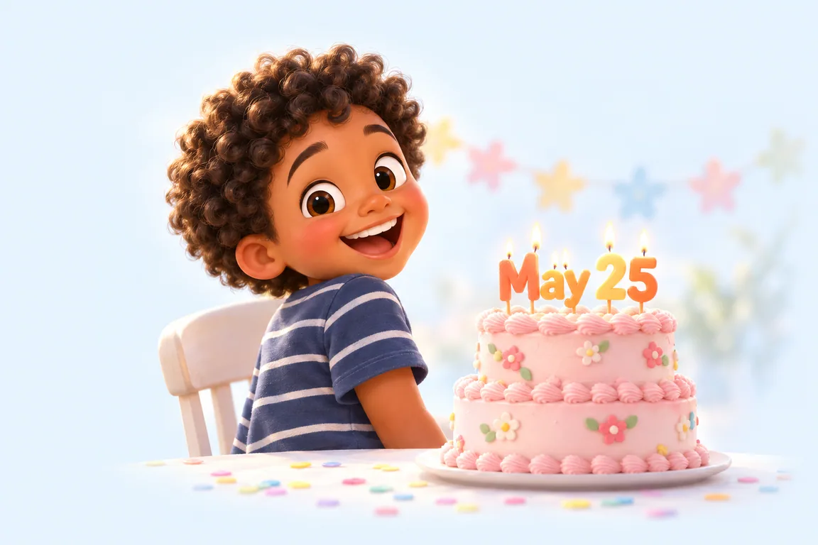 Cartoon birthday scene for May 25: a child behind a cake whose candles spell the date
