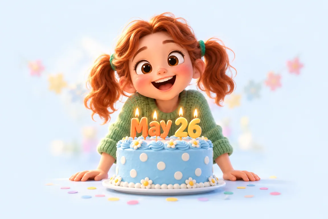 Cartoon birthday scene for May 26: a child behind a cake whose candles spell the date