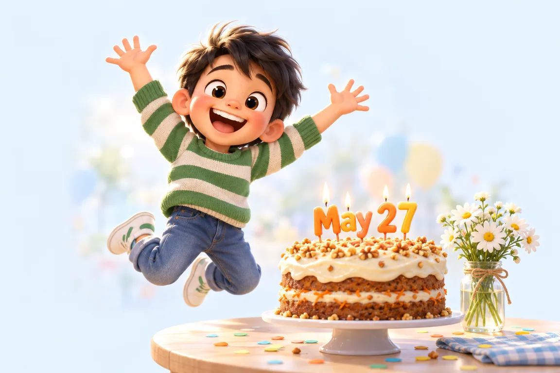 Cartoon birthday scene for May 27: a child behind a cake whose candles spell the date