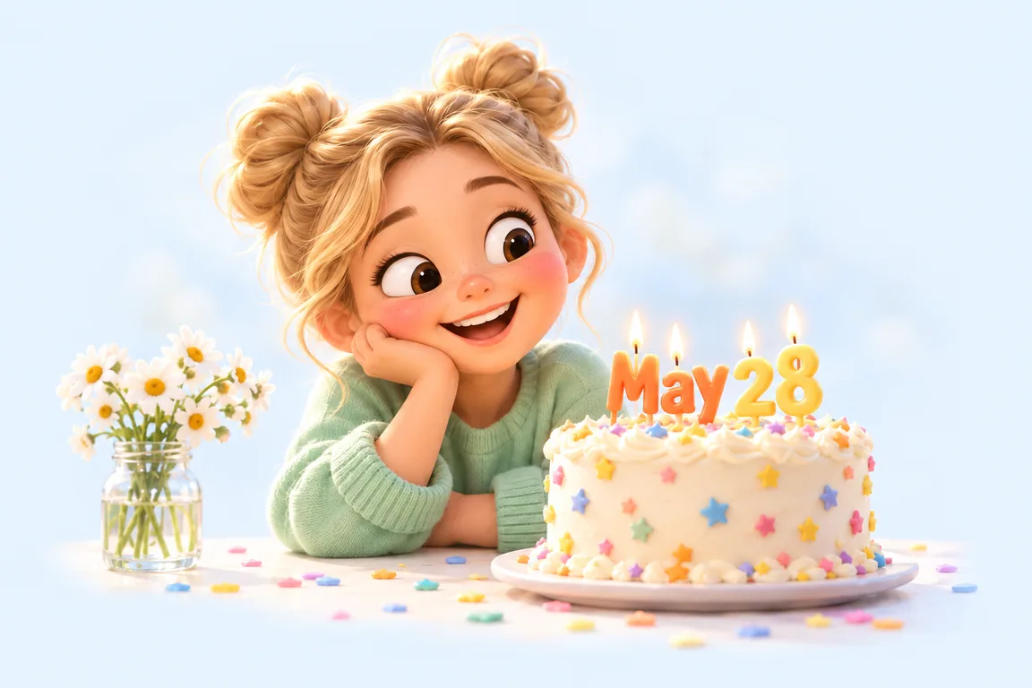 Cartoon birthday scene for May 28: a child behind a cake whose candles spell the date