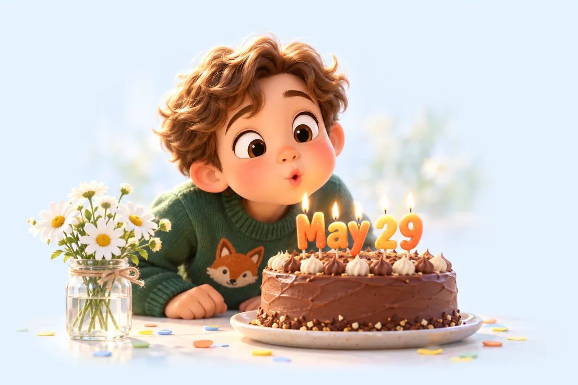 Cartoon birthday scene for May 29: a child behind a cake whose candles spell the date